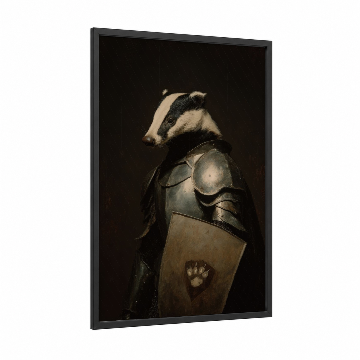 Armored Badger framed art print — black wood frame — black and white and espresso palette