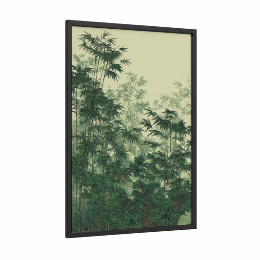 Misty Bamboo Grove framed bamboo jungle print — black wood frame — light green and cream palette