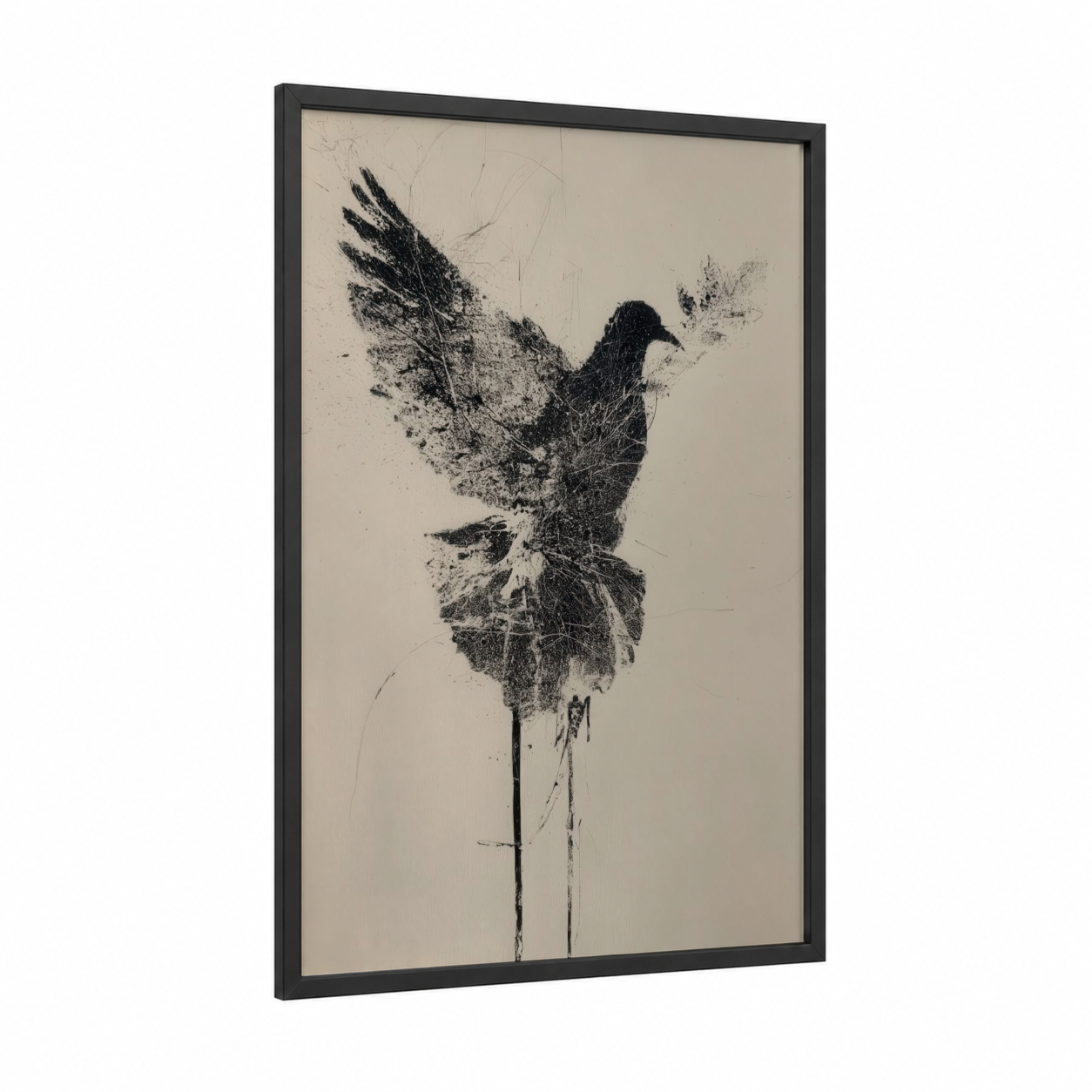 Dispersing Dove framed art print — black wood frame — black and white palette