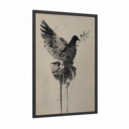 Dispersing Dove framed art print — black wood frame — black and white palette
