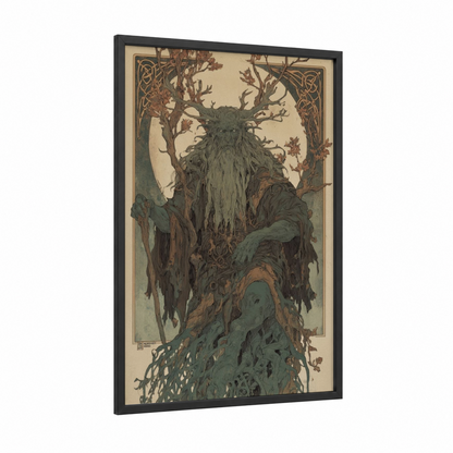 Twisted Root Orc framed art print — black wood frame — dark green and russet palette