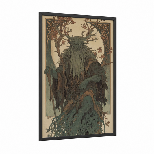 Twisted Root Orc framed art print — black wood frame — dark green and russet palette