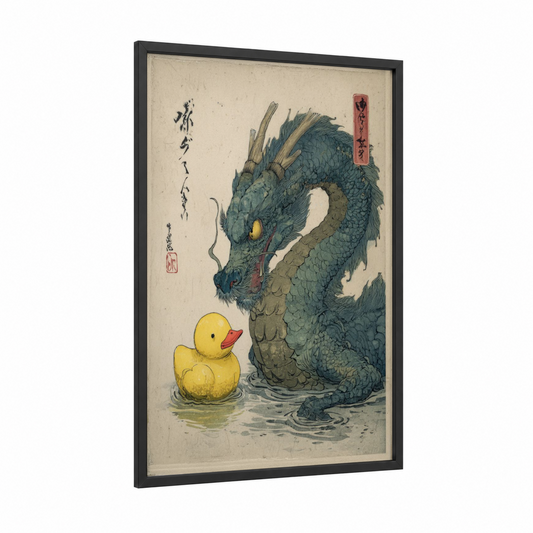 Dragon & Duckling framed art print — black wood frame — dark green and yellow gold palette