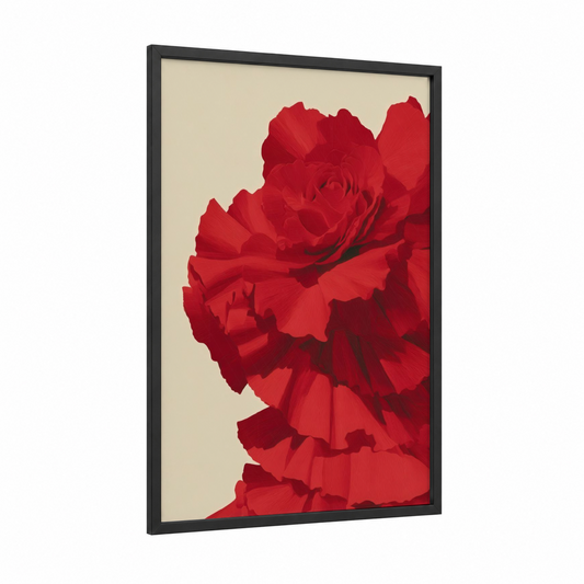 Crimson Flamenco framed art print — black wood frame — red and cream palette