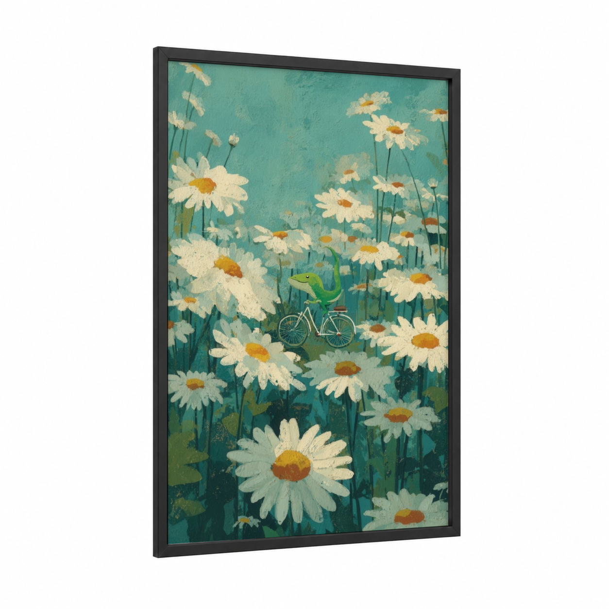 Daisy Lizard framed art print — black wood frame — teal and cream palette