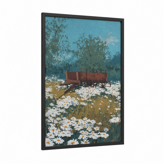 Daisy Field Wagon framed art print — black wood frame — teal and white palette