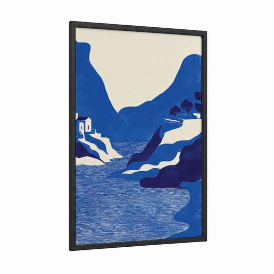 Alpine Lake Valley framed lakes print — black wood frame — blue and cream palette