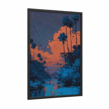 Tropical Sunset Palms framed beach town print — black wood frame — orange and blue palette