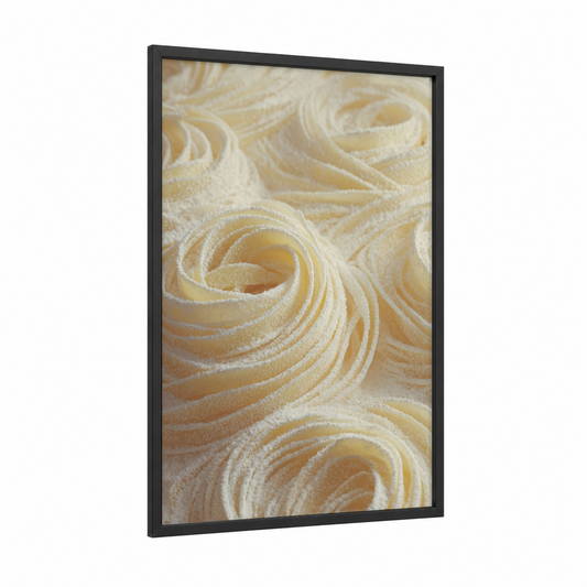 Cream Pasta Nests framed art print — black wood frame — cream and champagne gold palette
