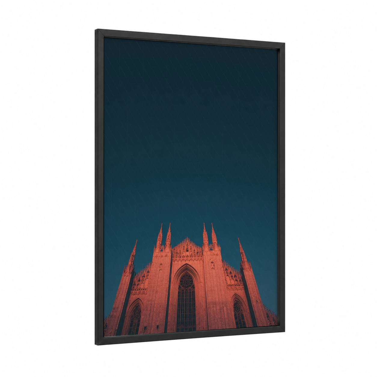 Crimson Cathedral framed art print — black wood frame — teal and salmon pink palette