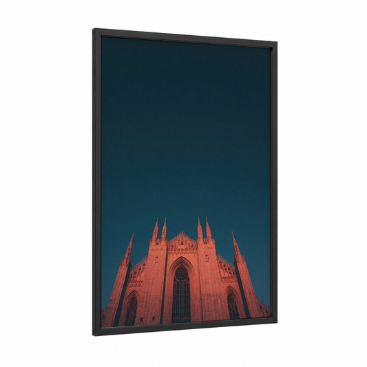 Crimson Cathedral framed art print — black wood frame — teal and salmon pink palette