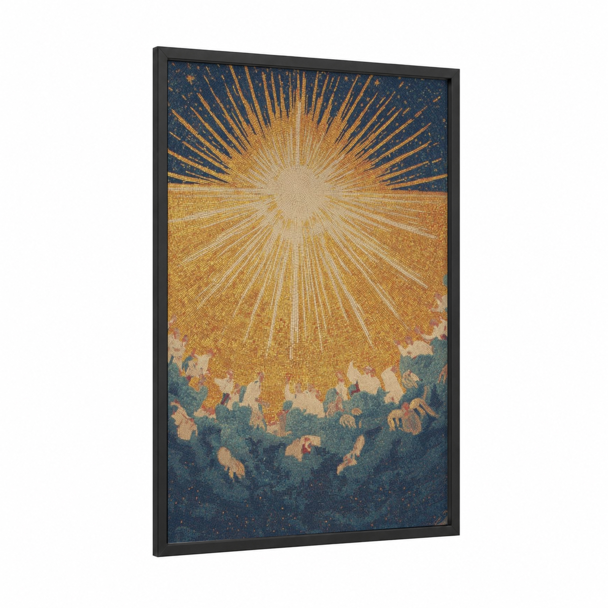 Radiant Pentecost framed art print — black wood frame — gold and dark blue palette