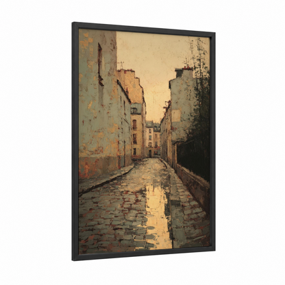 Golden Alley Sunrise framed art print — black wood frame — cream and russet palette