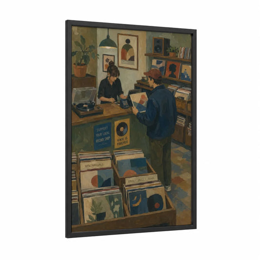 Vintage Record Shop Scene Wall Art framed vinyl records print — black wood frame — brown and beige palette