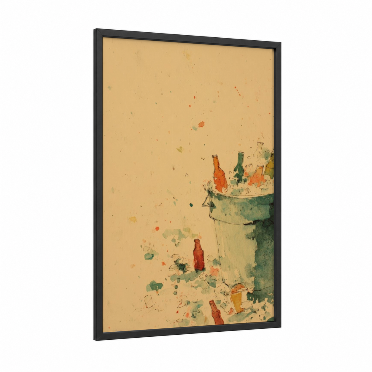 Overflowing Beer Bucket framed art print — black wood frame — champagne gold and true green palette