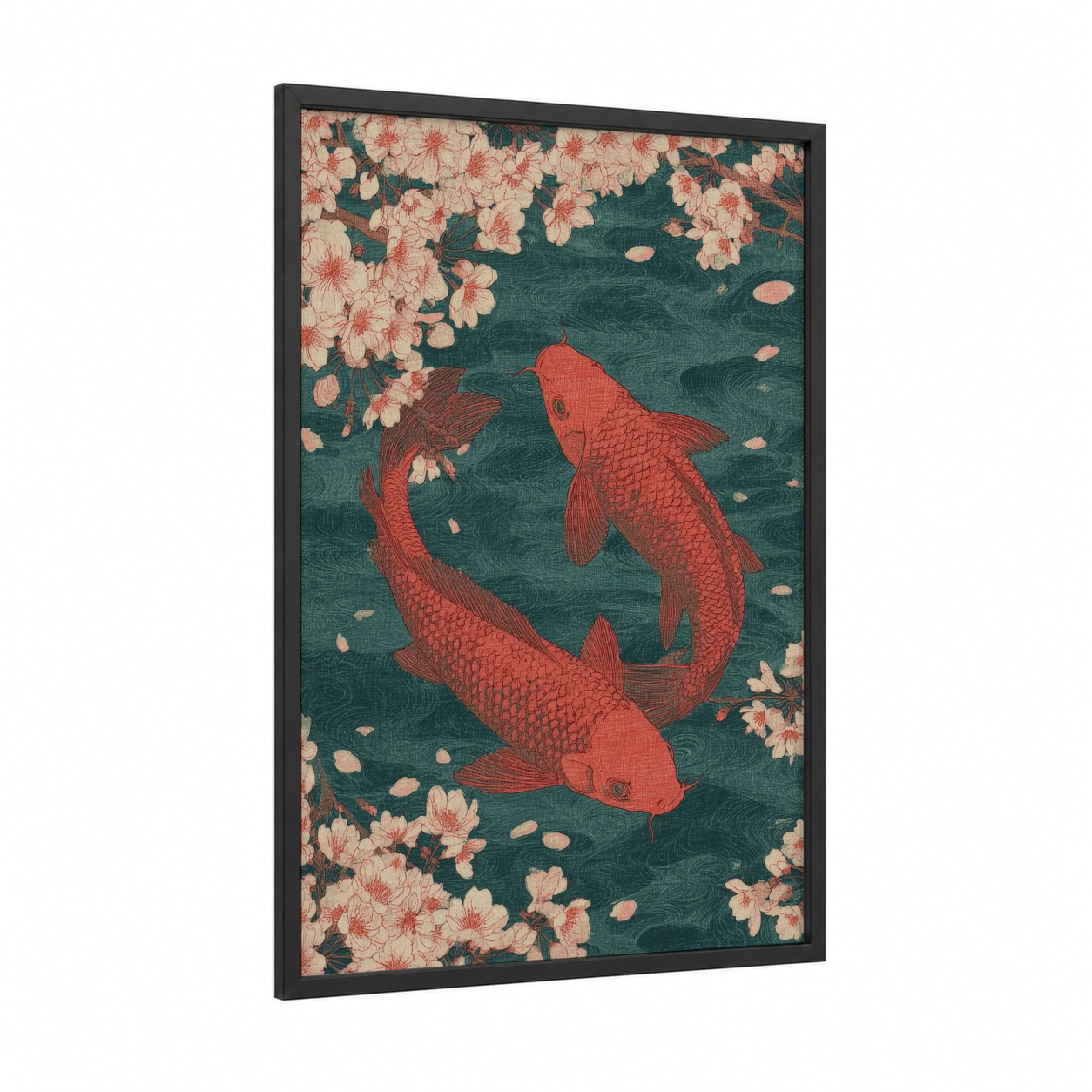 Crimson Koi Pisces framed art print — black wood frame — teal and salmon pink palette