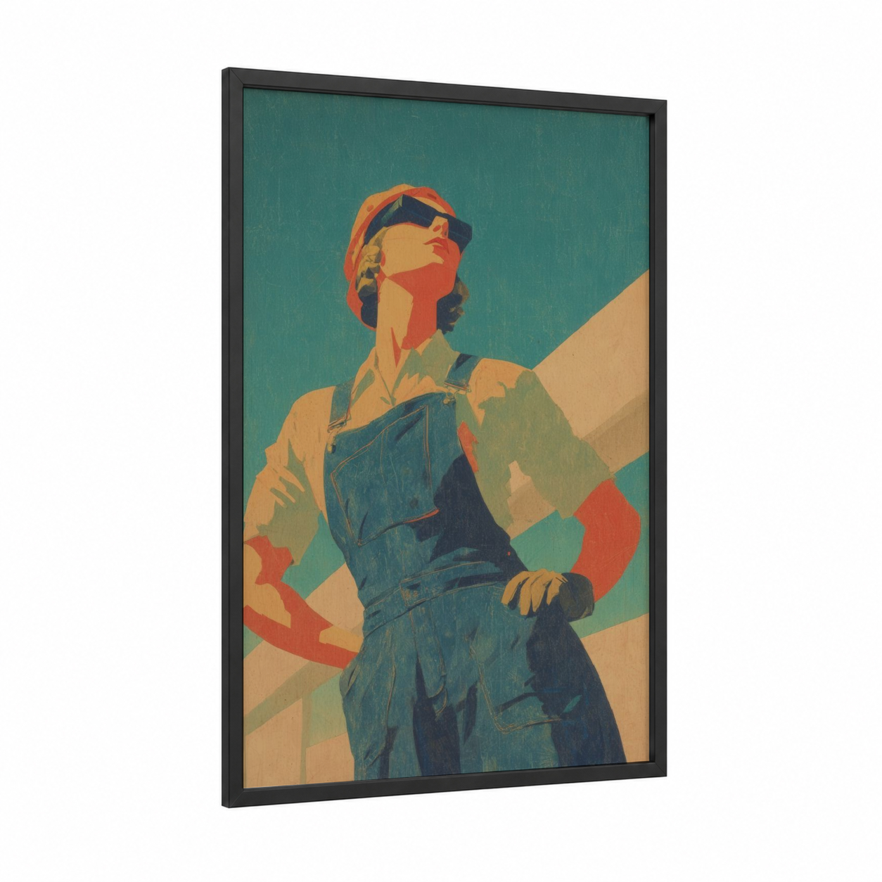 Empowered Worker framed labor day print — black wood frame — teal and gold palette