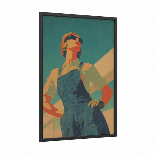 Empowered Worker framed labor day print — black wood frame — teal and gold palette