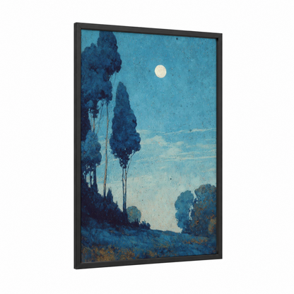 Moonlit Morning framed morning sky print — black wood frame — blue and white palette