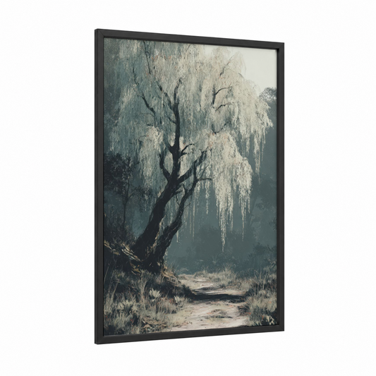Misty Willow framed willow tree print — black wood frame — gray and dove gray palette