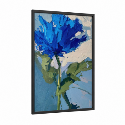 Cobalt Bloom framed abstract flower print — black wood frame — blue and green palette