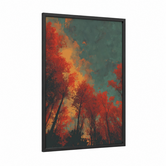 Crimson Maple Forest framed art print — black wood frame — red and gold palette