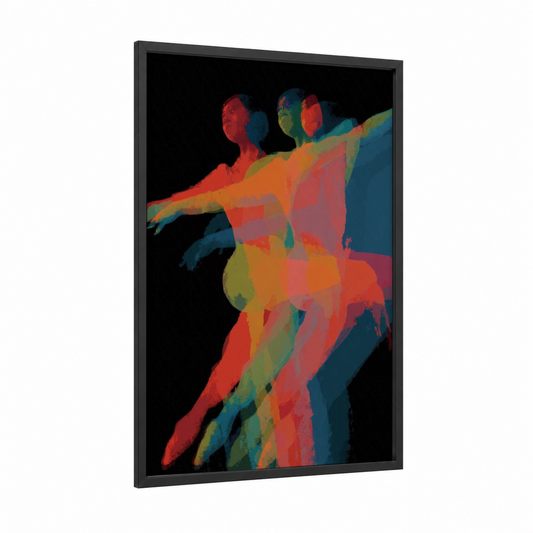 Vibrant Zumba Duo framed art print — black wood frame — red and blue palette