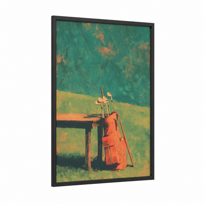Rustic Golf Setup framed art print — black wood frame — teal palette