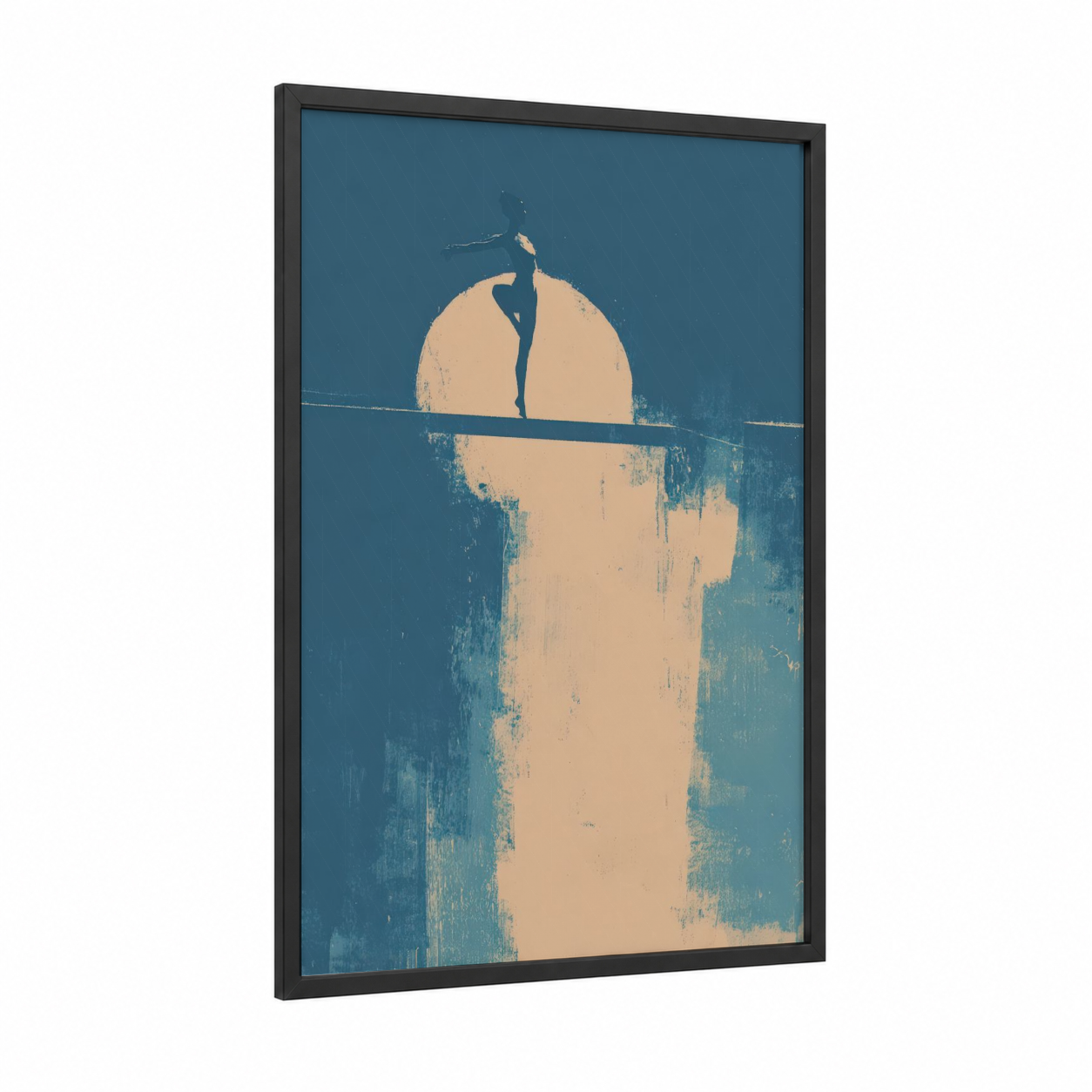 Balance Silhouette framed gymnastics print — black wood frame — teal and peach palette