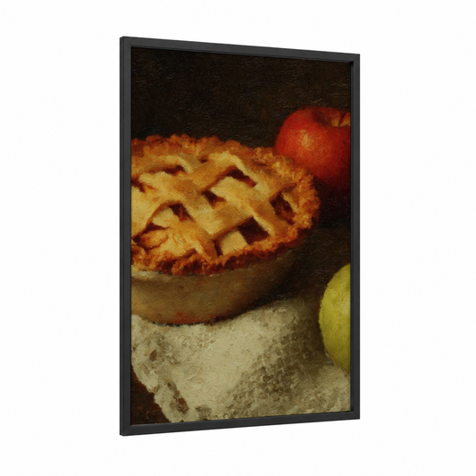 Apple Pie Study framed baking print — black wood frame — gold and red palette