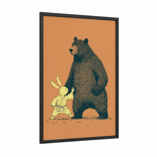 Martial Arts Bear framed judo print — black wood frame — pumpkin and true green palette