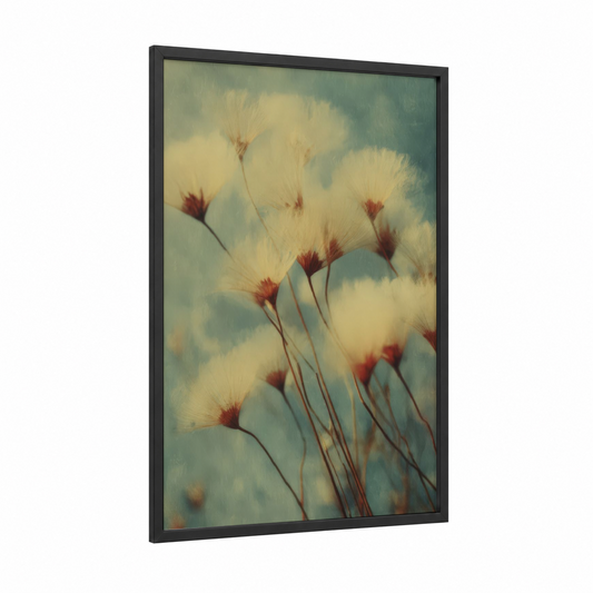 Crimson Dandelion framed art print — black wood frame — cream and sage green palette