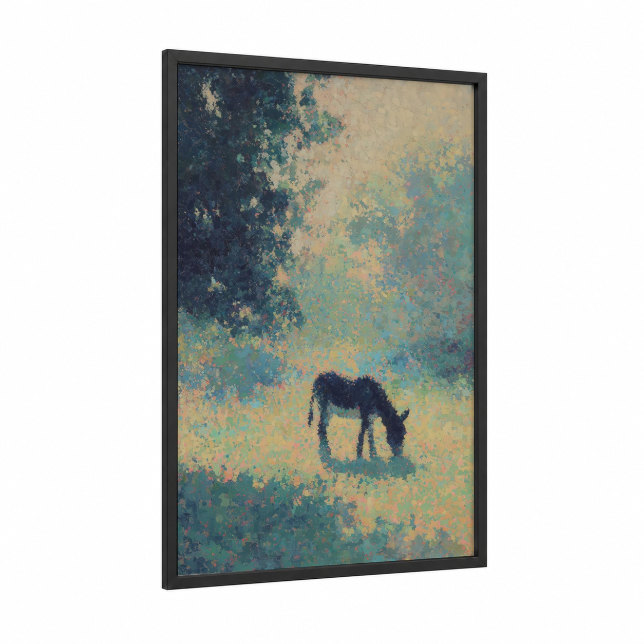 Grazing Mule framed art print — black wood frame — teal and gold palette