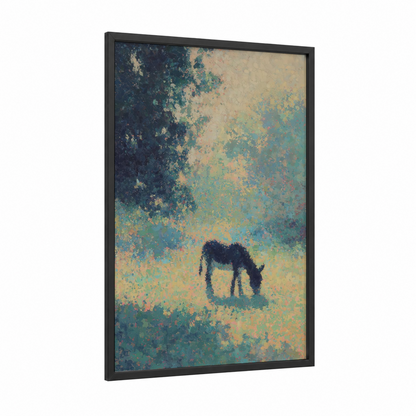 Grazing Mule framed art print — black wood frame — teal and gold palette