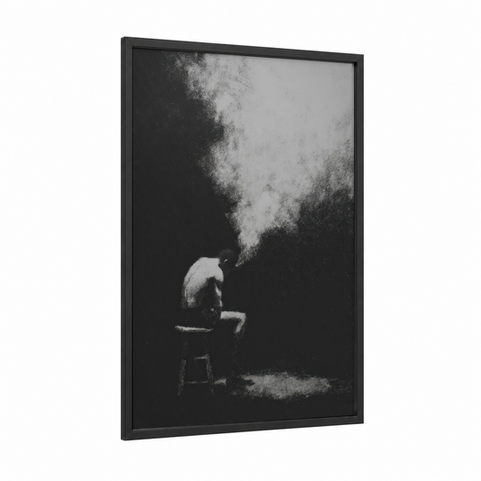 Powder Punch framed boxing print — black wood frame — black and white palette