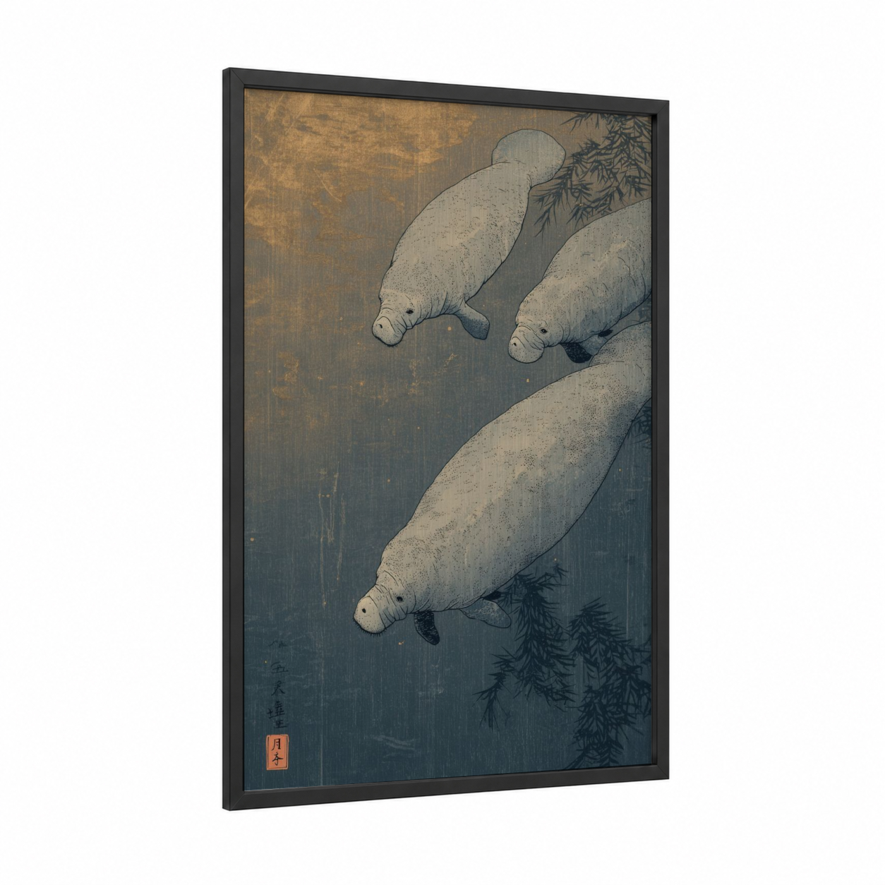 Graceful Manatees framed art print — black wood frame — gray and gold palette