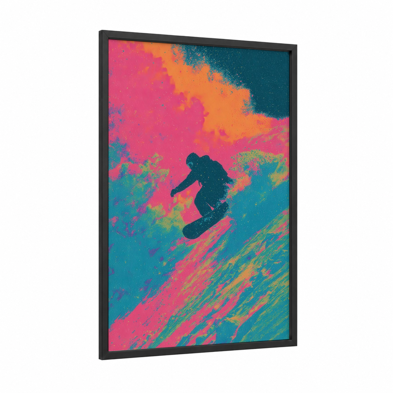 Neon Snowboarder framed snowboarding print — black wood frame — magenta and orange palette