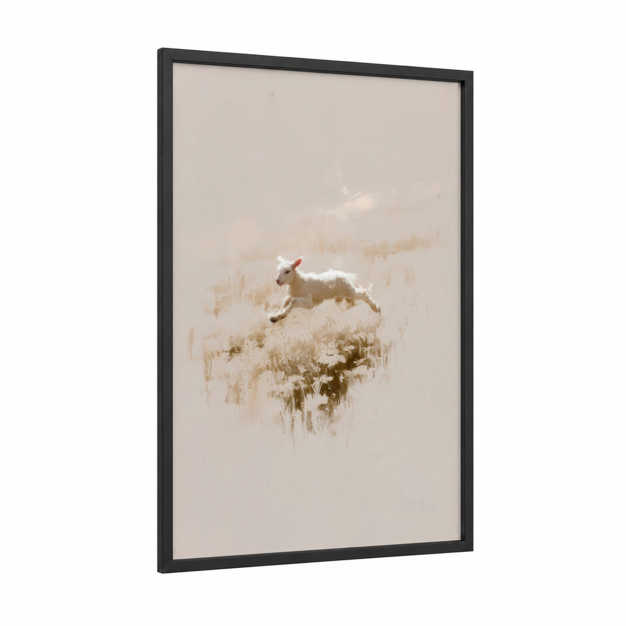Snowy Meadow Sheep framed art print — black wood frame — cream and beige palette