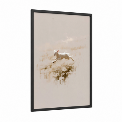 Snowy Meadow Sheep framed art print — black wood frame — cream and beige palette