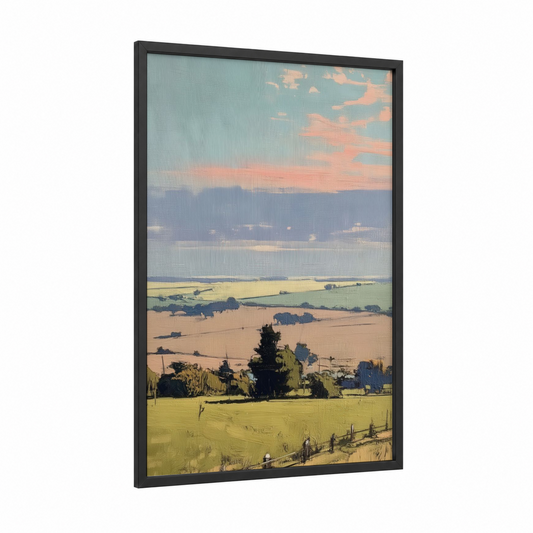 Pastoral Valley Vista framed various landscapes print — black wood frame — light green and peach palette