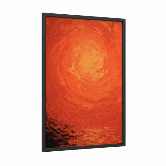 Crimson Solar Vortex framed the sun print — black wood frame — red and gold palette