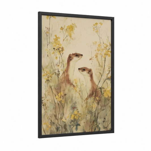 Meadow Weasels framed art print — black wood frame — gold and beige palette