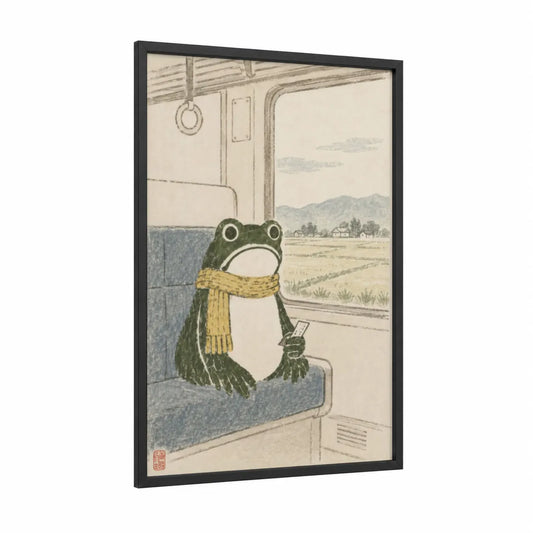 Frog on Train Japanese Woodblock Wall Art framed frogs and toads print — black wood frame — green and beige palette