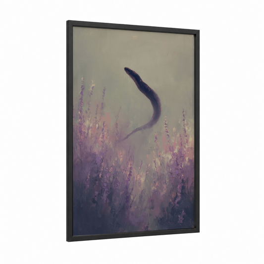 Lavender Eel framed eels print — black wood frame — lavender and cream palette
