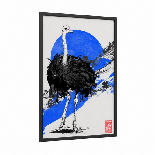 Cobalt Ostrich framed art print — black wood frame — blue and black and white palette