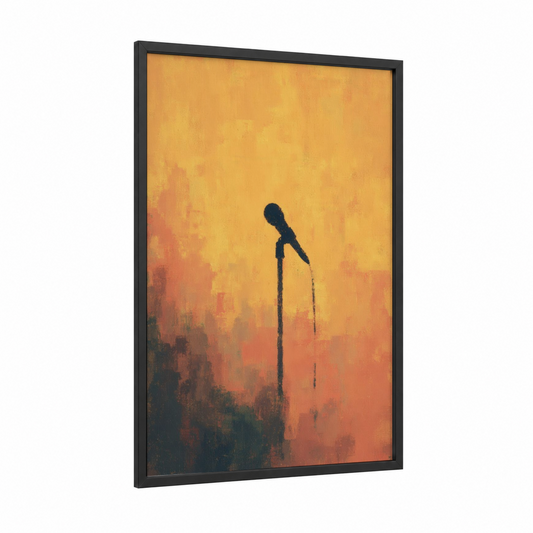 Sunset Microphone framed art print — black wood frame — gold and orange palette