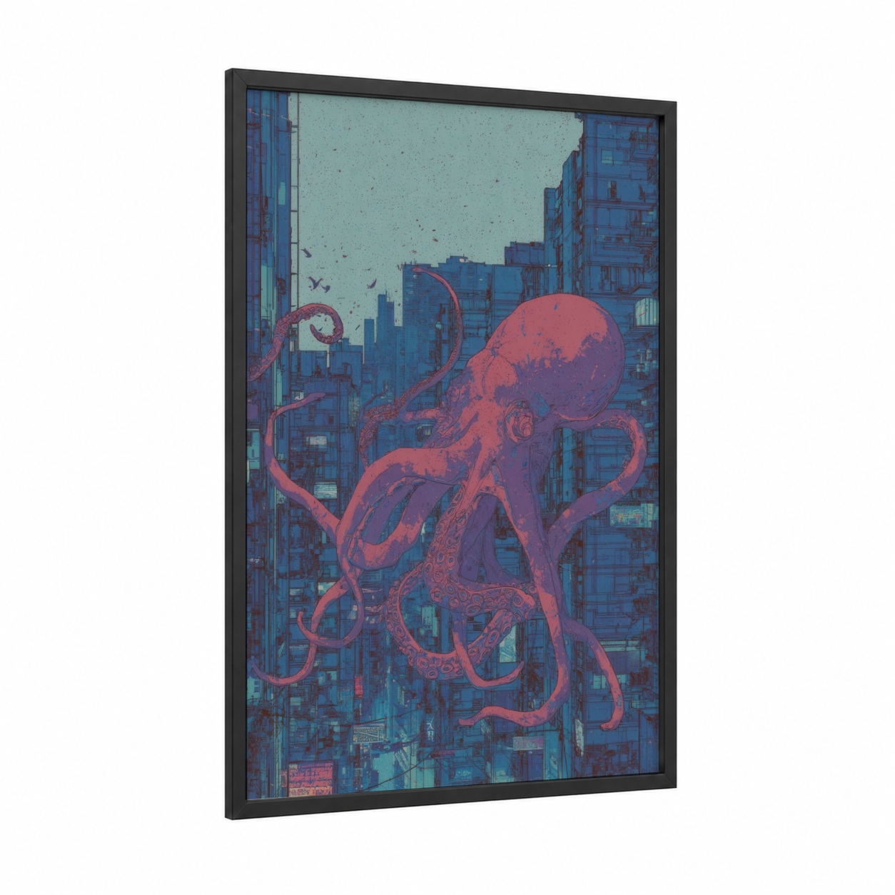 Urban Octopus framed art print — black wood frame — blue and salmon pink palette