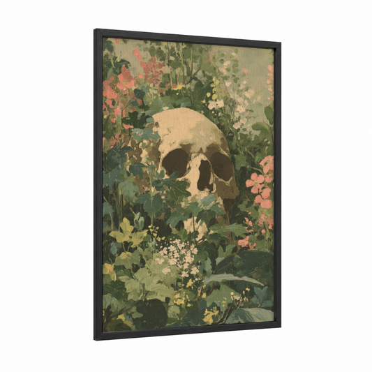 Garden Skull framed art print — black wood frame — green and peach palette