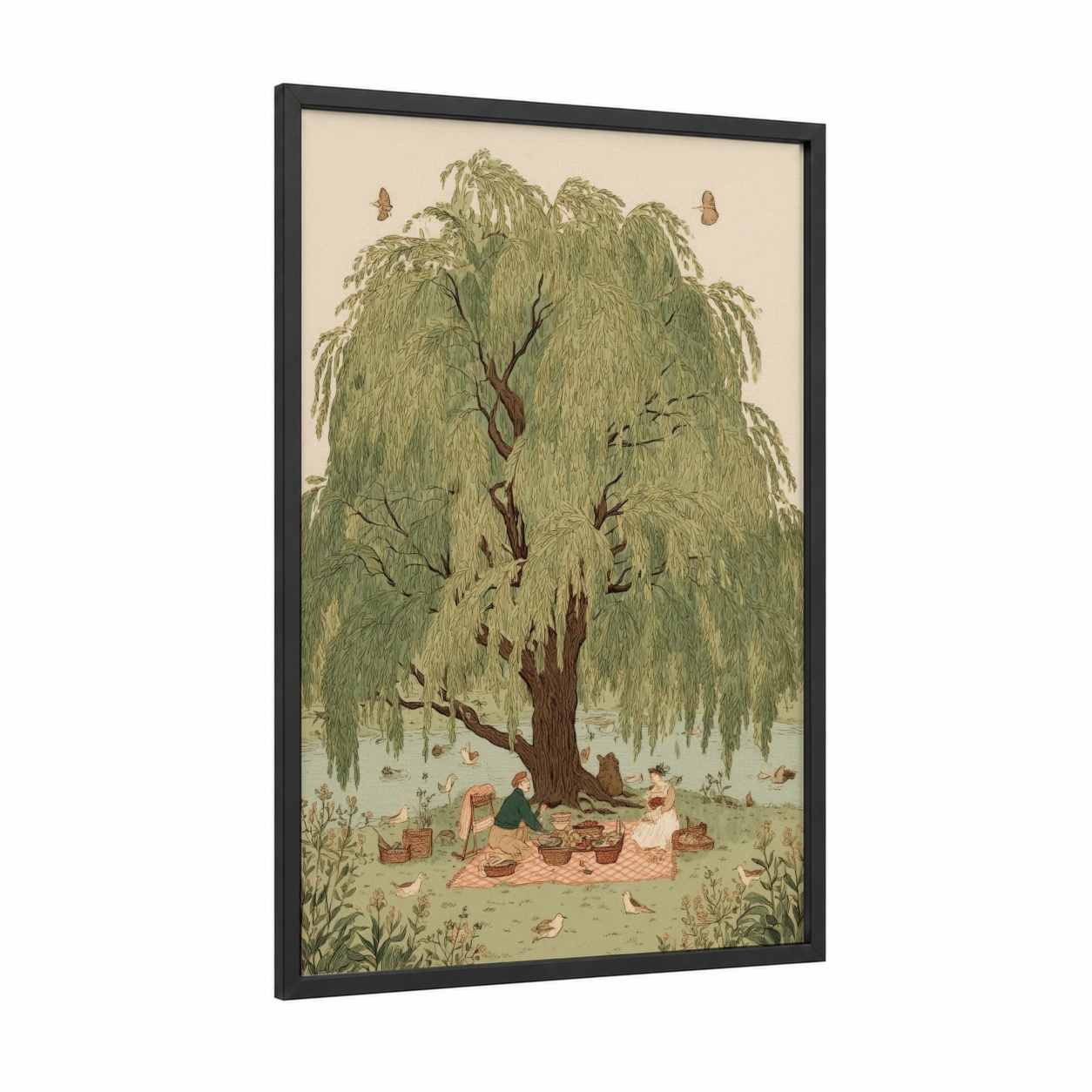 Willow Picnic framed summer print — black wood frame — cream and light green palette