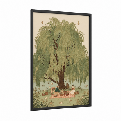Willow Picnic framed summer print — black wood frame — cream and light green palette